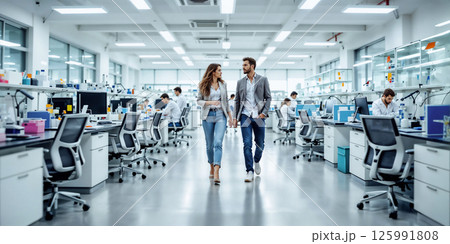 Man and woman walk across office open space. Intentional motion blur. LED panels 125991808
