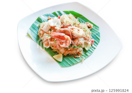 Top view of Glass noodles with shrimp squid and climbing wattle, focus selective 125991824