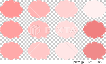 A set of colorful cloud-shaped speech bubbles in pink and skin tones. The tail of the speech bubble is at the bottom right. There is a white dashed line inside the speech bubble. 125991889