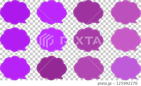 A set of cloud-shaped speech bubbles in various purple colors. The tail of the speech bubble is at the bottom right. There is a white dashed line inside the speech bubble. 125992270
