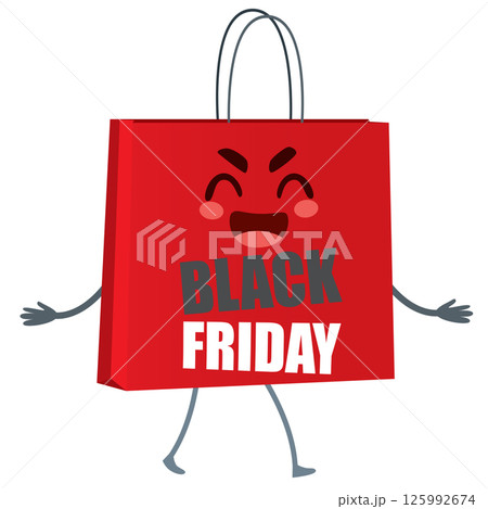 Black Friday Red Paper Bag Character Cartoon Vector Illustration 125992674