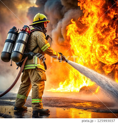 Firefighter Extinguishing Fire With Hose. Generative AI Firefighter Extinguishing Fire With Hose. Generative AI 125993037