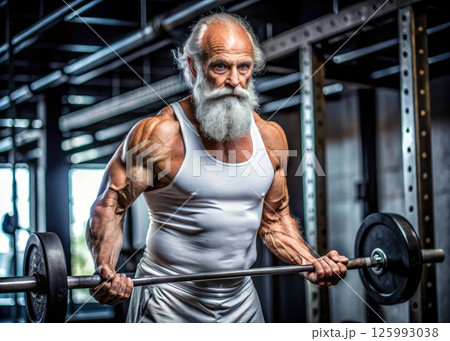 Fit Elderly Man With Long White Beard Holding Barbell. Generative AI 125993038