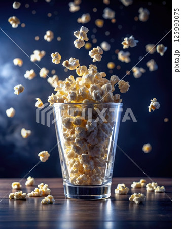 Glass Filled With Popcorn on Table. Generative AI 125993075