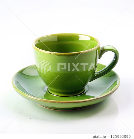 Green Cup and Saucer on White Background. Generative AI Green Cup and Saucer on White Background. Generative AI 125993090