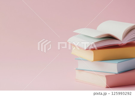 A stack of old books with soft pastel covers. Minimalistic background. This is a perfect image for bookstores, publishing houses, magazines about culture, education, self-development. Copyspace 125993292