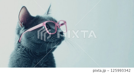 Stylish gray cat wearing pink glasses against minimal light background. Close-up profile view, modern and quirky concept ideal for humor, fashion, or pet-themed designs and ads. Banner Stylish gray cat wearing pink glasses against minimal light background. Close-up profile view, modern and quirky concept ideal for humor, fashion, or pet-themed designs and ads. Banner 125993342