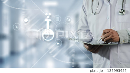 Cutting-edge medical technology concept. Futuristic digital interface with healthcare icons, data, and innovation. Modern science, diagnostics, and health solutions for the future. 125993425