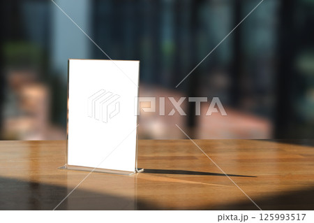 Stand Mock up Menu frame tent card blurred background design key visual layout. 125993517