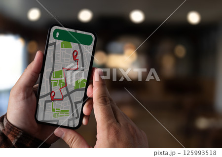 GPS Map to Route Destination network connection Location Street Map with GPS Icons Navigation man gps or locator Exploring target location. 125993518