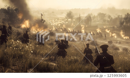 Dramatic Battlefield Scene with Advancing Soldiers 125993605