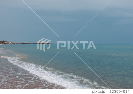 Seascape early in the morning. Mediterranean, azure sea. The sea before a thunderstorm and rain.Turkey 125994034