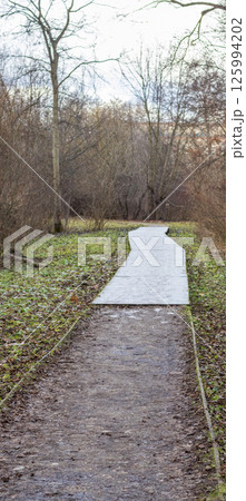 Wooden path walk in the park covered with frost 125994202