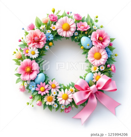 Colorful easter floral wreath with eggs and pink ribbon for spring celebration decor. 125994206