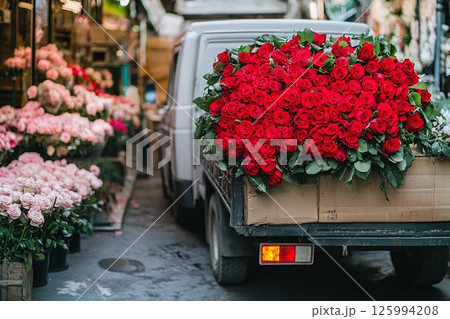 Vintage truck with vibrant red roses near flower market. Flower delivery, Valentines Day, weddings, business promotions for florists, blog post, flower delivery, advertisements. 125994208