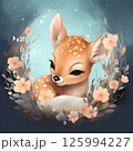 Illustration of a fawn, delicate pastel flowers, starry night sky. For nursery decor, children's book image, greeting cards, wallpapers, watercolor artistic prints. 125994227