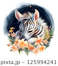 Illustration of a sleeping zebra delicate pastel flowers starry night sky. For nursery decor, children's book image, greeting cards, wallpapers, and artistic prints. 125994241