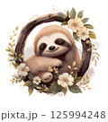 Watercolor Illustration of a sleeping sloth delicate pastel flowers starry night sky. For nursery decor, children's book image, greeting cards, wallpapers, round poster, artistic prints. 125994248