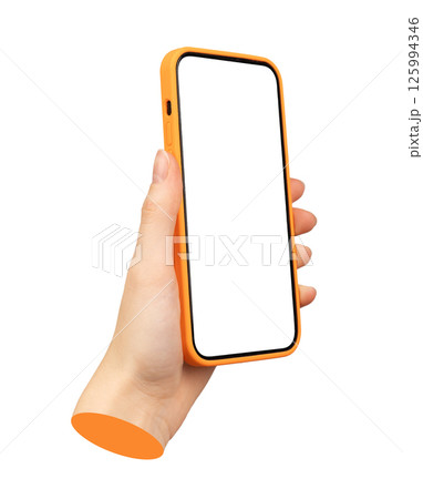 Phone screen mockup held in hand, displaying a blank, empty frame. Orange smartphone, isolated on Phone screen mockup held in hand, displaying a blank, empty frame. Orange smartphone, isolated on 125994346
