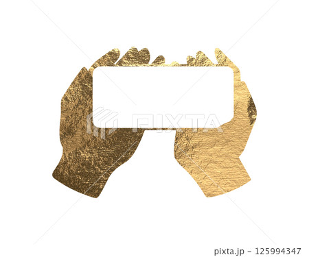 Phone in hand with gold foil texture, isolated on a clean, blank background, holding a mobile device Phone in hand with gold foil texture, isolated on a clean, blank background, holding a mobile device 125994347