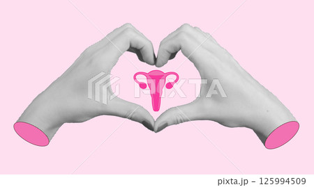 Uterus and ovaries symbolizing female anatomy and reproductive system. Hands supporting heart shape, Uterus and ovaries symbolizing female anatomy and reproductive system. Hands supporting heart shape, 125994509
