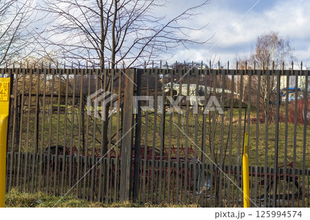 Shot of the dinosaur sculpture behind the fence 125994574