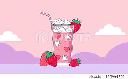 Strawberry Juice with Ice Cubes 125994792