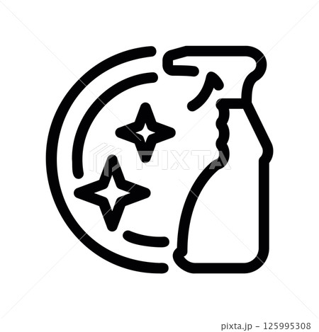 Outline Icon of Dishwashing with Plate, Spray Bottle and Clean Sparkles Outline Icon of Dishwashing with Plate, Spray Bottle and Clean Sparkles 125995308