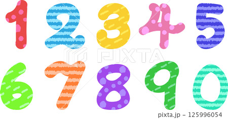 カラフルな模様の手書き数字アイコンイラストセット 125996054