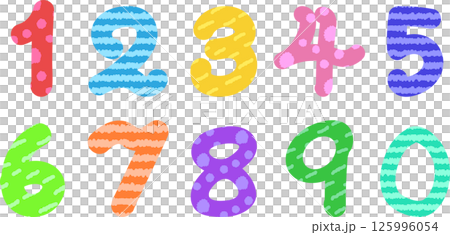 カラフルな模様の手書き数字アイコンイラストセット 125996054