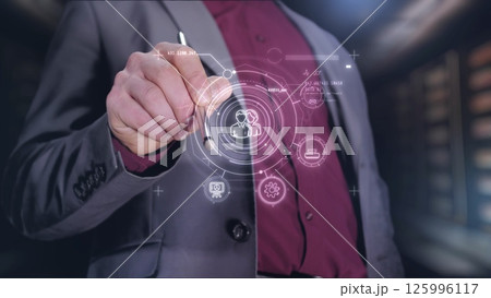Development team structure in infographics on a holographic panel. 125996117