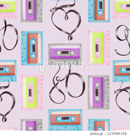 Portable player audio cassettes from 80's,90's style,tapes in shape 80,90,heart in seamless pattern.Watercolor illustration on pink background for websites,fabric,stationery,theme parties Portable player audio cassettes from 80's,90's style,tapes in shape 80,90,heart in seamless pattern.Watercolor illustration on pink background for websites,fabric,stationery,theme parties 125996188