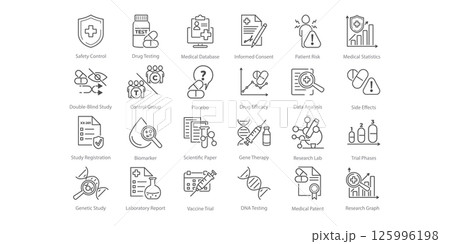 Vector line icons set representing a medical trial. Shows elements of study, research, test, and clinic context. Suitable for use in clinical or educational settings. 125996198