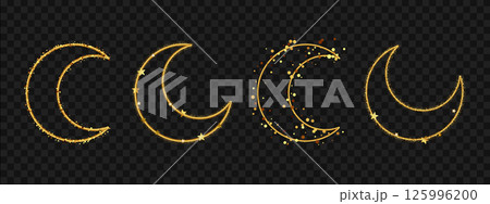 Set of 4 crescent moon illustrations with gold glitter and star details. Vector design with decorative sparkle elements on dark transparent background. 125996200