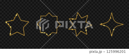 Star shaped gold borders with glitter texture. Golden vector design on dark background. Decorative luxury frame elements with elegant shine. 125996201