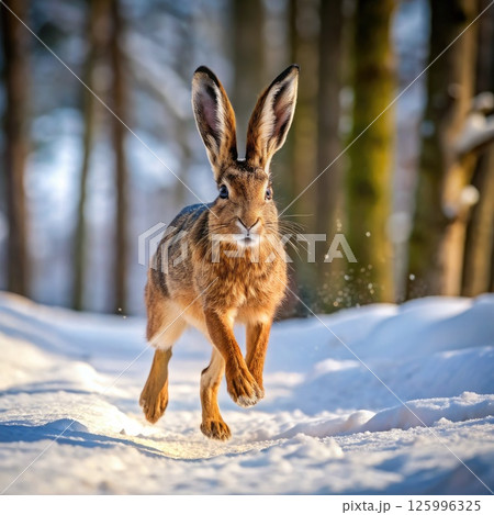 Rabbit Running Through Snowy Woods. Generative AI 125996325