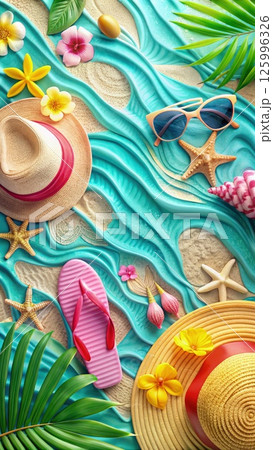 Beach Scene With Hat, Sunglasses, and Flip Flops. Generative AI Beach Scene With Hat, Sunglasses, and Flip Flops. Generative AI 125996326