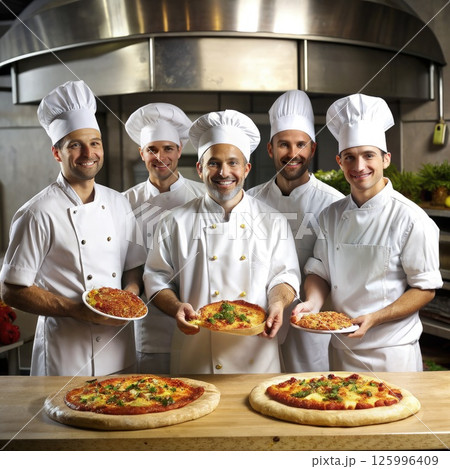 Group of Chefs Holding Pizzas in Kitchen. Generative AI 125996409