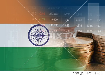 India flag with stock market finance, economy trend graph digital technology. India flag with stock market finance, economy trend graph digital technology. 125996435
