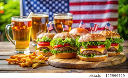 Wooden Table With Hamburgers and Fries. Generative AI 125996529