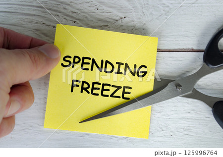 Hand holding a yellow sticky note with the words Spending Freeze written on it, while a pair of scissors is cutting through the note. Hand holding a yellow sticky note with the words Spending Freeze written on it, while a pair of scissors is cutting through the note. 125996764