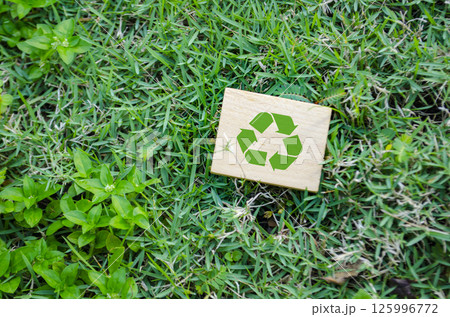 Top view of Recycle symbol on wooden block with customizable space for text. For a greener tomorrow concept Top view of Recycle symbol on wooden block with customizable space for text. For a greener tomorrow concept 125996772