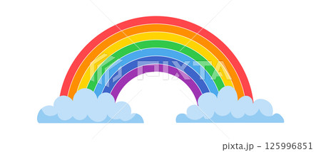Bright, colorful rainbow arching gracefully over two fluffy clouds against a pristine white background, symbolizing hope, joy, and the beauty of nature s wonders Bright, colorful rainbow arching gracefully over two fluffy clouds against a pristine white background, symbolizing hope, joy, and the beauty of nature s wonders 125996851