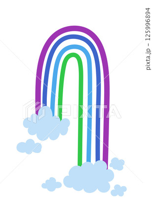 Brightly colored rainbow arching from stylized clouds, creating a cheerful and whimsical atmosphere against a clean white background, evoking feelings of joy and imagination 125996894