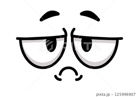 Simple cartoon face design expressing boredom with half closed eyes and a sad frowning expression, conveying a sense of apathy and lack of interest 125996907