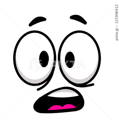 Cartoon face showing a surprised expression with wide open eyes and mouth, conveying feelings of fear, panic, and shock, ideal for illustrating emotional reactions 125996912