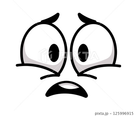 Cartoon face showing fear with wide opened eyes and worried expression, simple design in black and white, perfect for conveying negative emotions like anxiety, worry or panic 125996915