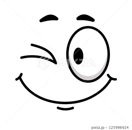 Cartoon face winking and smiling, radiating positive emotions like happiness, joy, and approval, creating a cheerful and playful vibe perfect for various fun contexts 125996924
