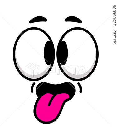Cartoon face sticking its tongue out with big googly eyes making a funny and silly facial expression of surprise or excitement, ideal for conveying playful emotions 125996936