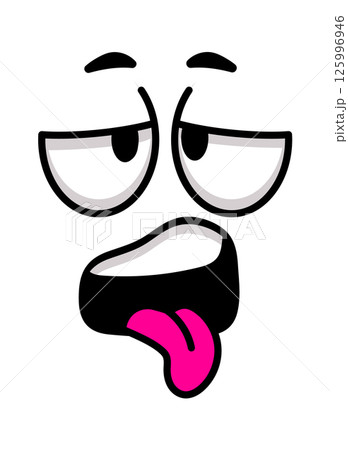 Funny cartoon face sticking out its tongue, featuring half closed eyes that convey feelings of disgust, boredom, or silliness, all set against a clean white background Funny cartoon face sticking out its tongue, featuring half closed eyes that convey feelings of disgust, boredom, or silliness, all set against a clean white background 125996946